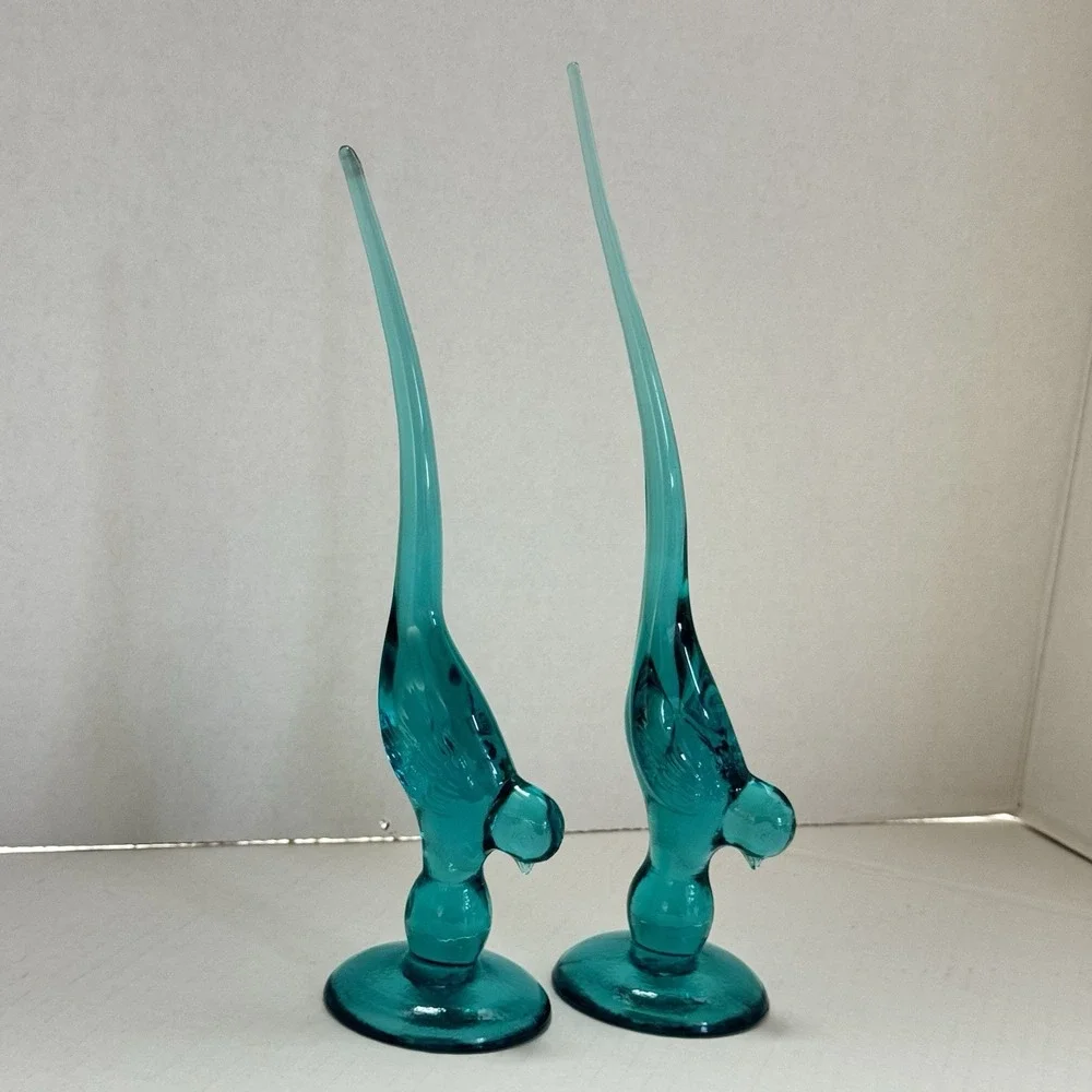 Lot Of 2 Vintage Long Tail Birds Turquoise Glass 9 3/4